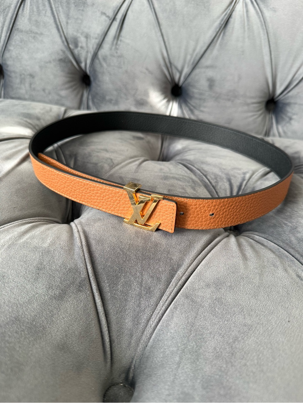 Louis Vuitton Black and Tan Reversible Belt with Gold LV Buckle size 85